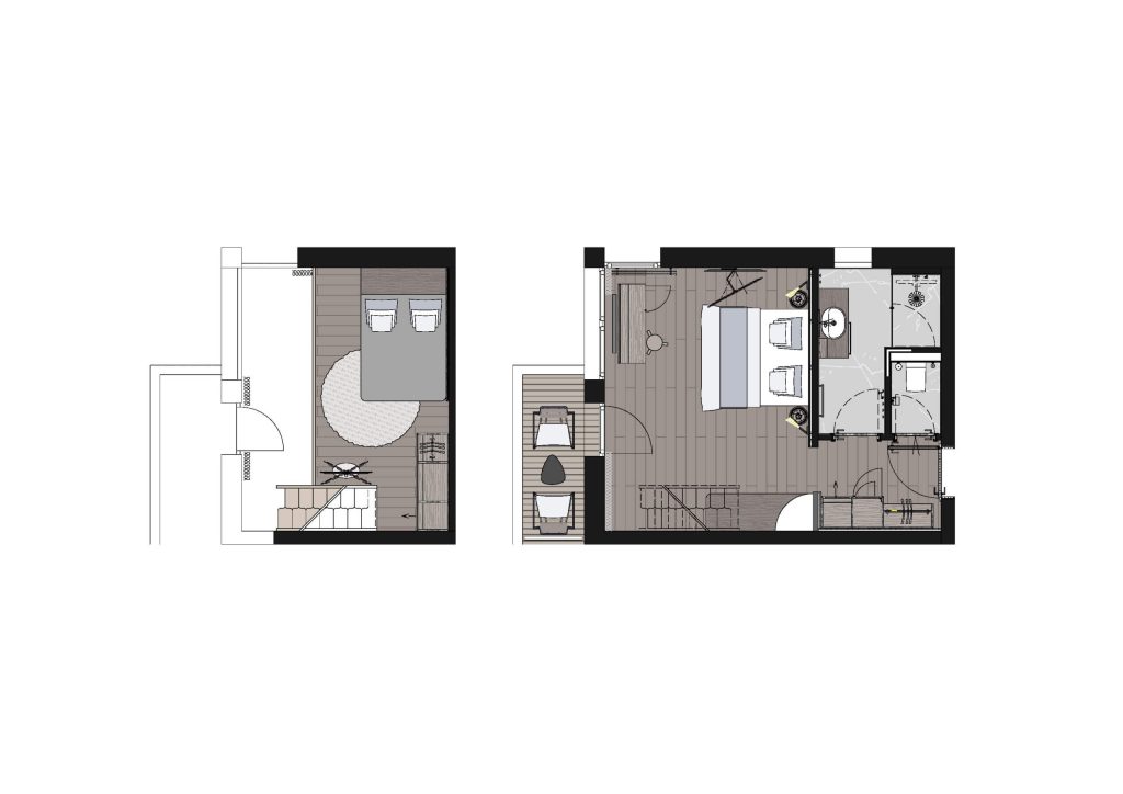 Grundriss des Hotelzimmers im Penzinghof, modern und stilvoll mit luxuriösem Design.