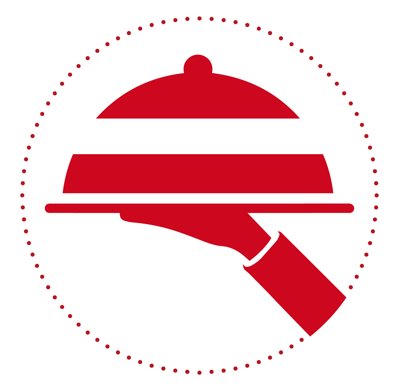 Rotes Servierlogo mit Hand und gedecktem Teller, symbolisiert Gastronomie im Hotel Penzinghof.