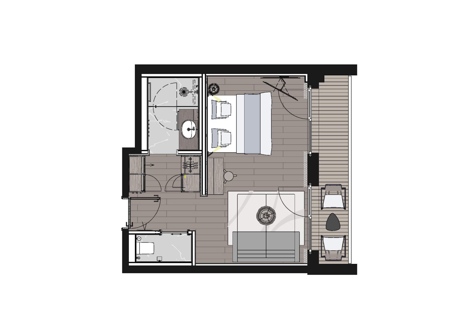 Grundriss eines Hotelzimmers im Hotel Penzinghof, stilvoll und modern eingerichtet.