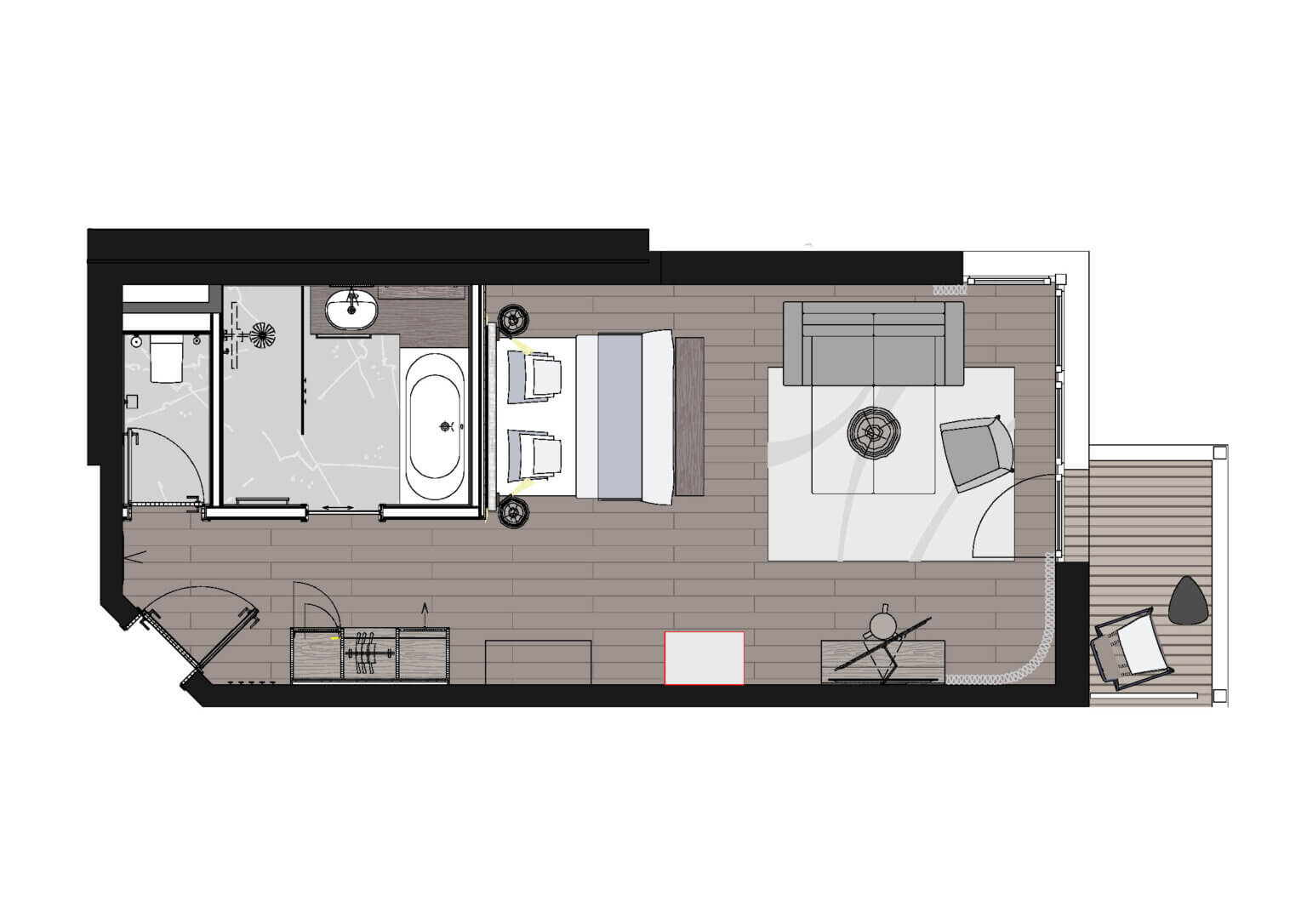 Grundriss eines komfortablen Hotelzimmers mit Bad, Lounge-Bereich und Balkon.